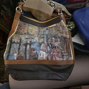 Painted Venice Scene Tote Bag with Brown Leather Trim